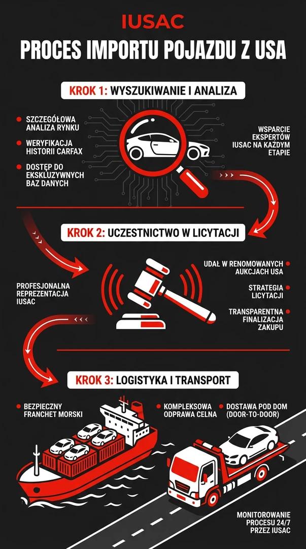 Infografika przedstawiająca proces importu i licytacji aut z USA przez IUSAC
