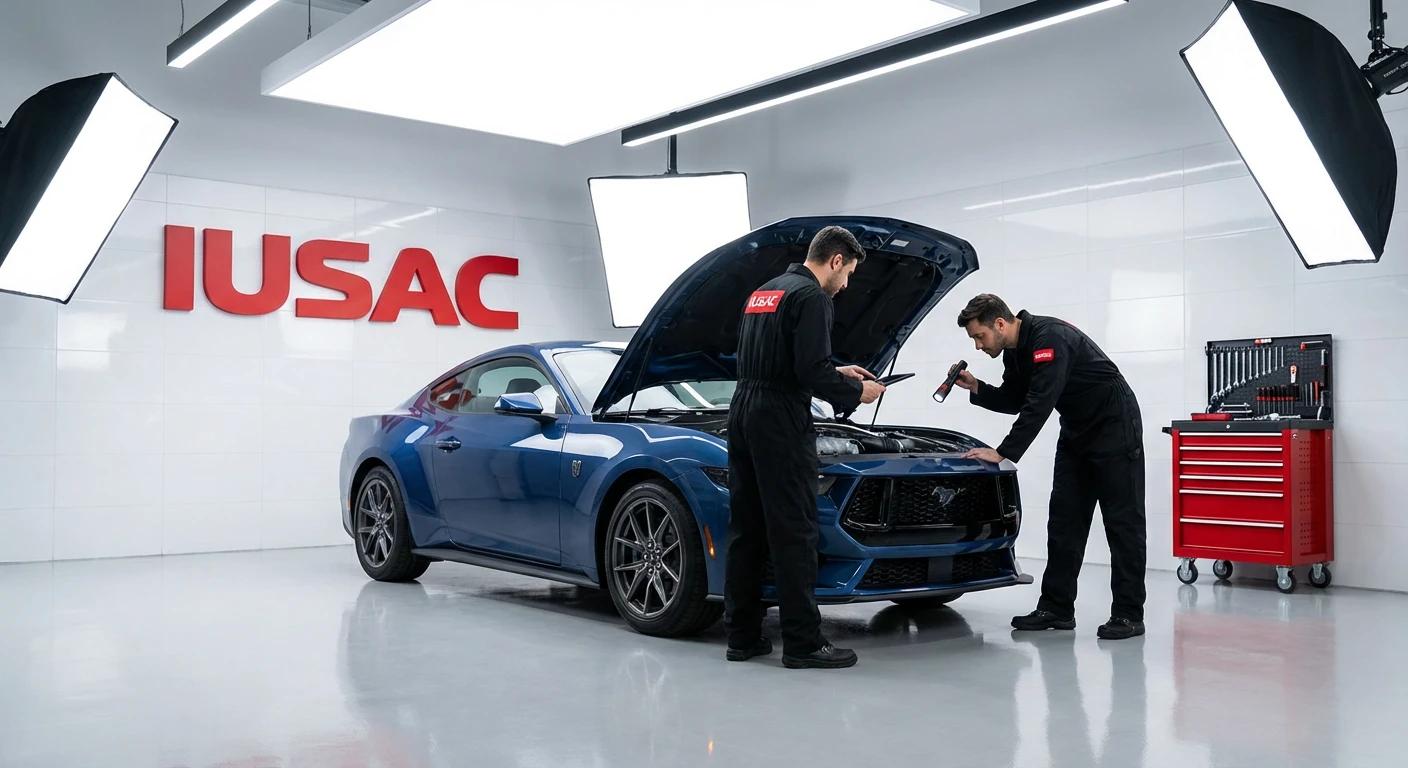 Mechanicy IUSAC diagnozujący uszkodzenia Forda Mustanga 2024 w profesjonalnym warsztacie