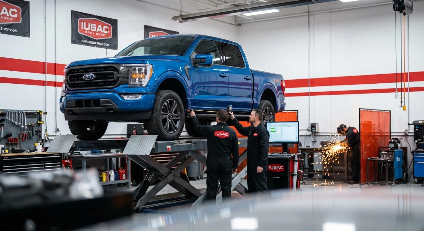 Technicy IUSAC w trakcie zaawansowanej naprawy blacharskiej Forda F-150 - naprawa aut z usa.