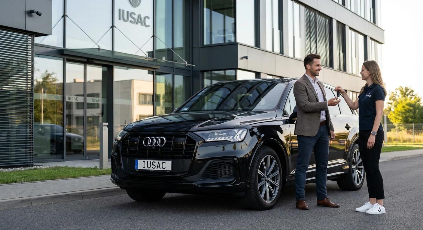 Zadowolony klient odbierający gotowe do jazdy Audi Q7 z tablicami IUSAC - import i naprawa samochodów z usa pod klucz.