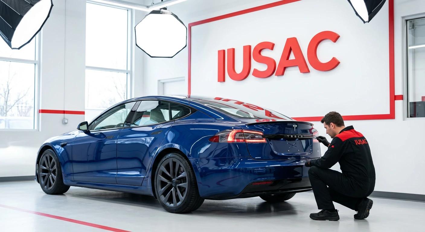 Technik IUSAC sprawdzający tylne lampy w Tesli Model S Plaid z USA podczas konwersji w nowoczesnym warsztacie