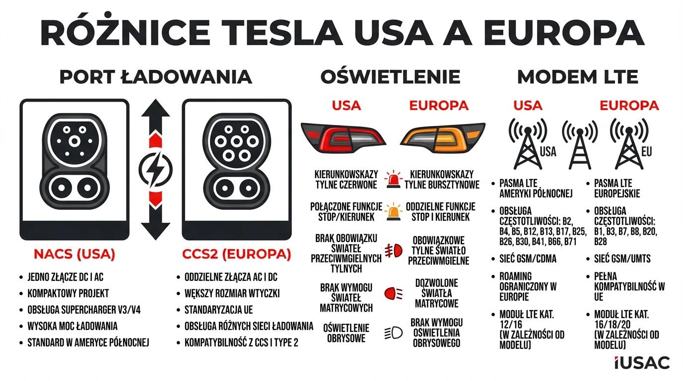 Infografika IUSAC przedstawiająca różnice między Teslą z USA a Europy w zakresie portów ładowania i oświetlenia