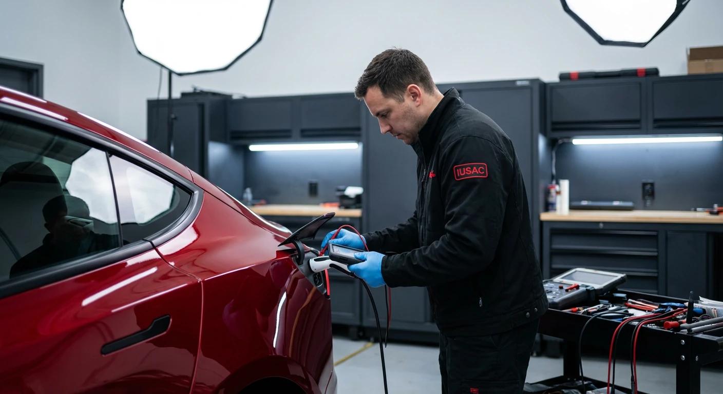 Specjalista IUSAC wymieniający port ładowania NACS na europejski CCS2 w Tesli Model 3 z USA