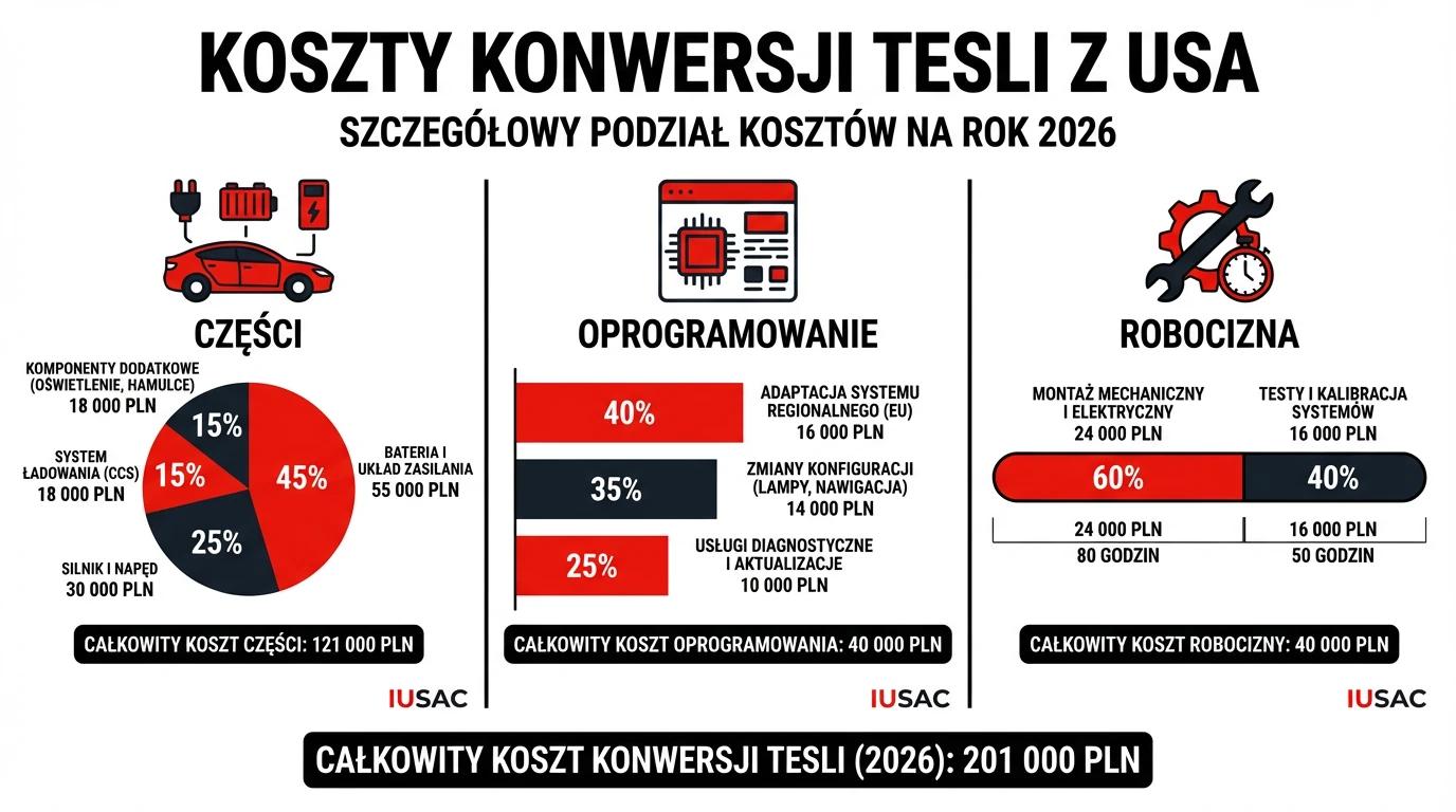 Szczegółowy cennik i koszty konwersji Tesli z USA na rynek europejski w 2026 roku przygotowany przez IUSAC
