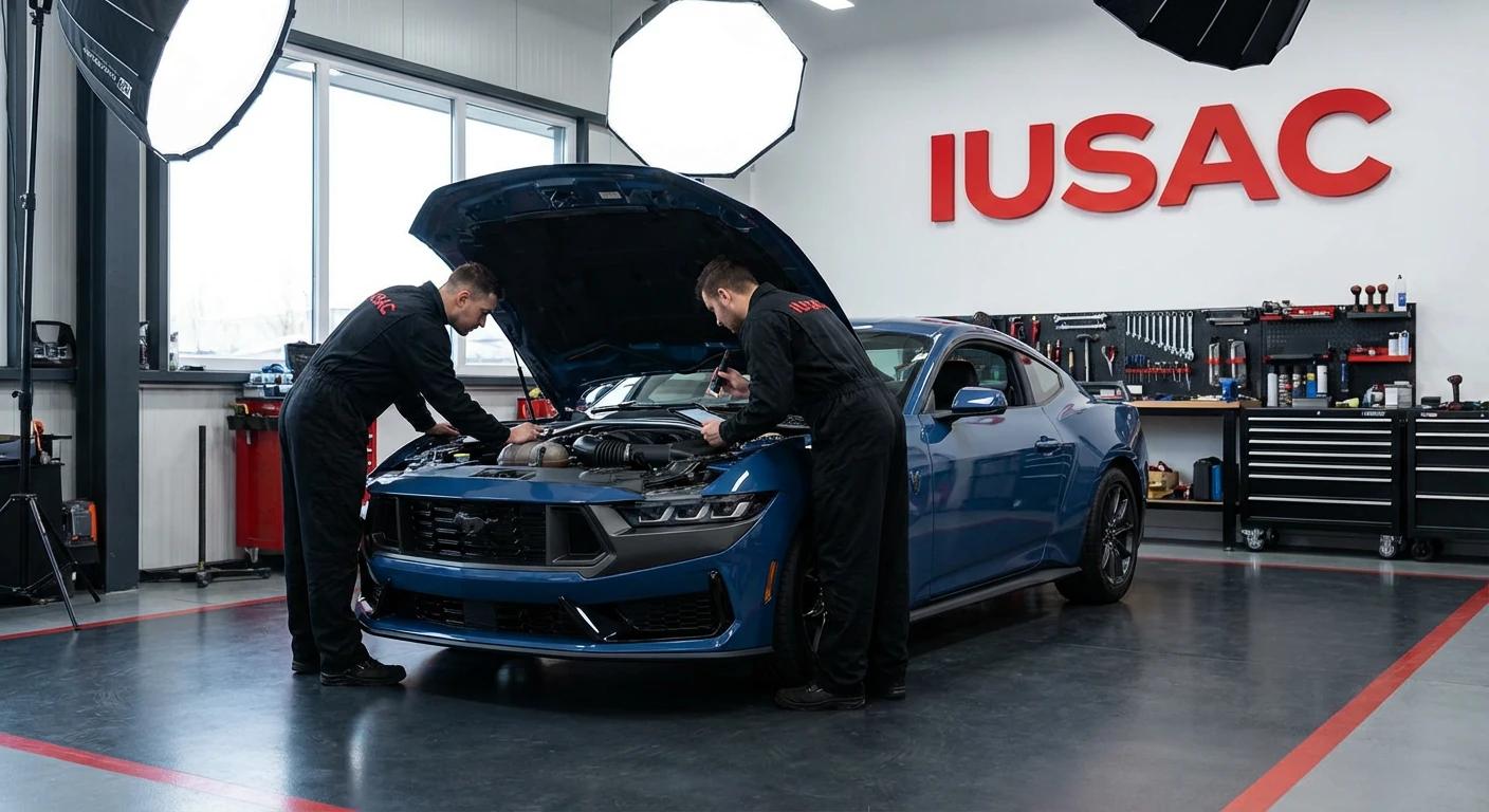 Mechanicy IUSAC sprawdzający silnik Forda Mustanga 2024 w nowoczesnym warsztacie - koszt sprowadzenia auta z usa