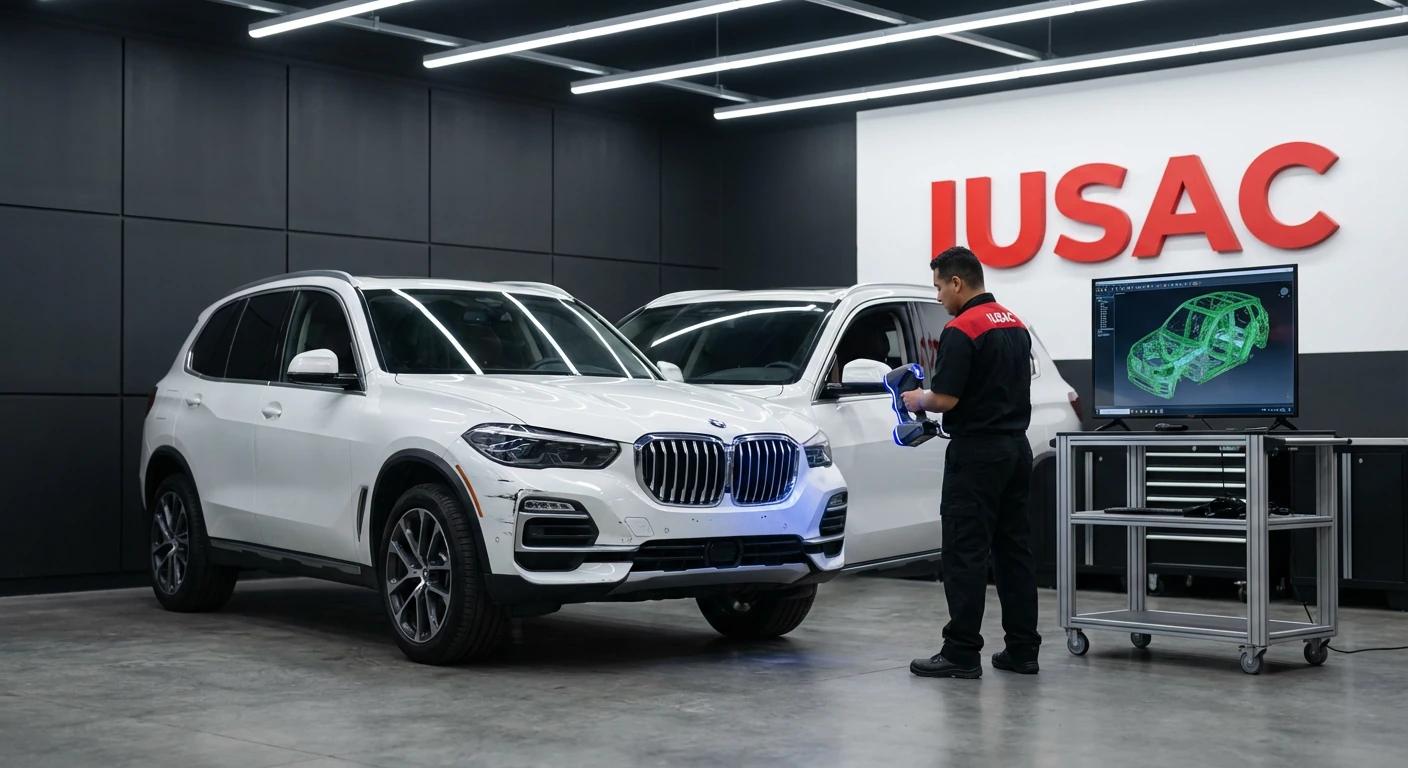Technik IUSAC skanujący uszkodzenia BMW X5 2023 laserem 3D - profesjonalna naprawa aut z usa