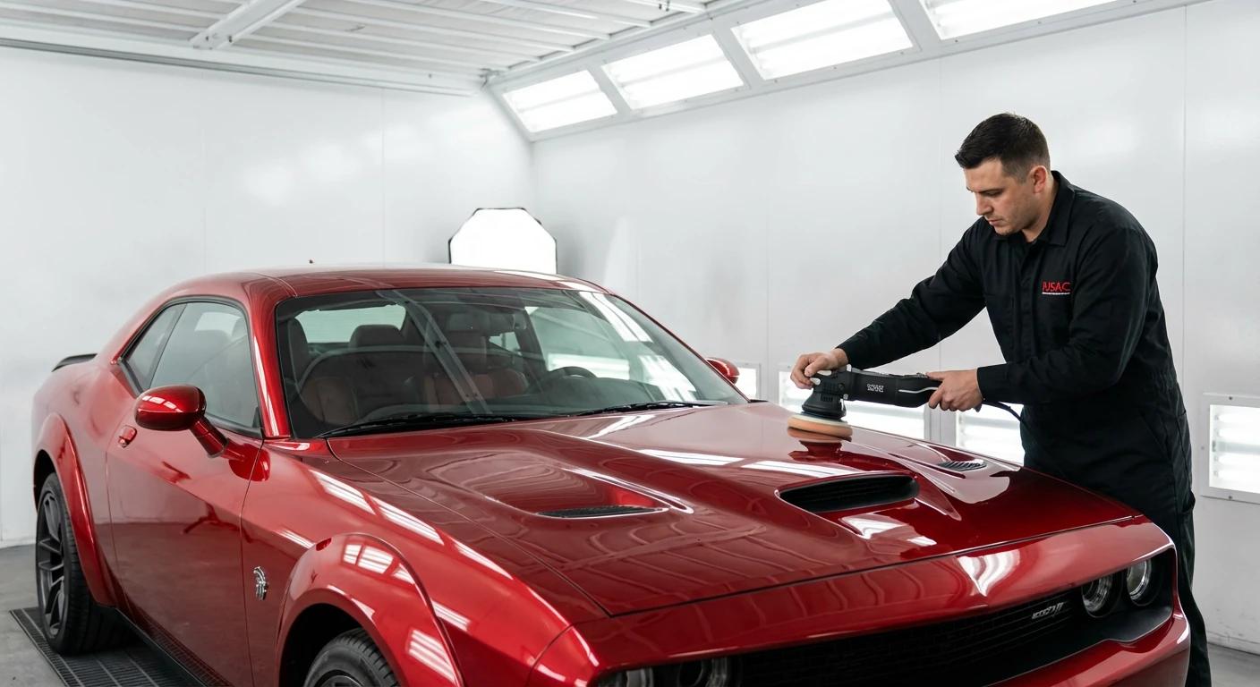 Lakiernik IUSAC polerujący czerwoną karoserię Dodge Challenger 2025 w profesjonalnej kabinie lakierniczej