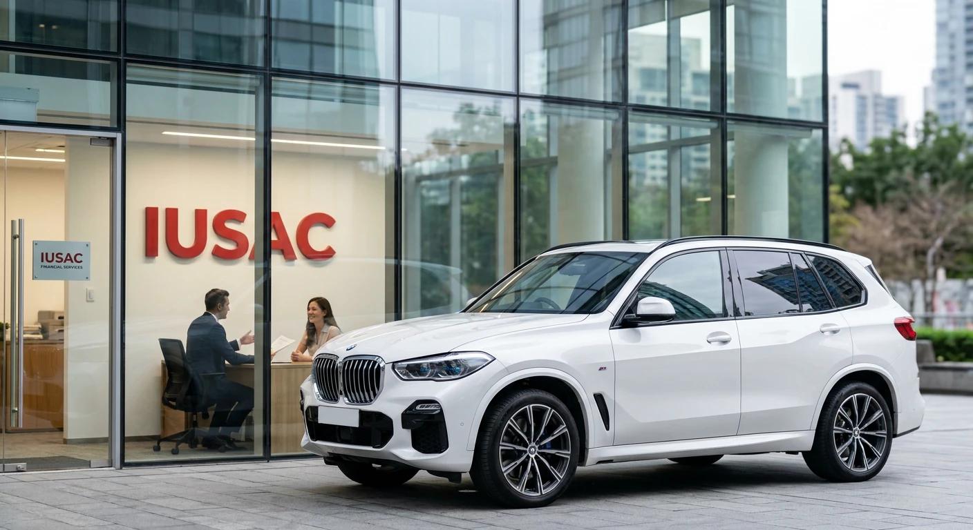 Doradca IUSAC omawiający kredyt na samochód z USA z klientem w biurze, na zewnątrz zaparkowane białe BMW X5