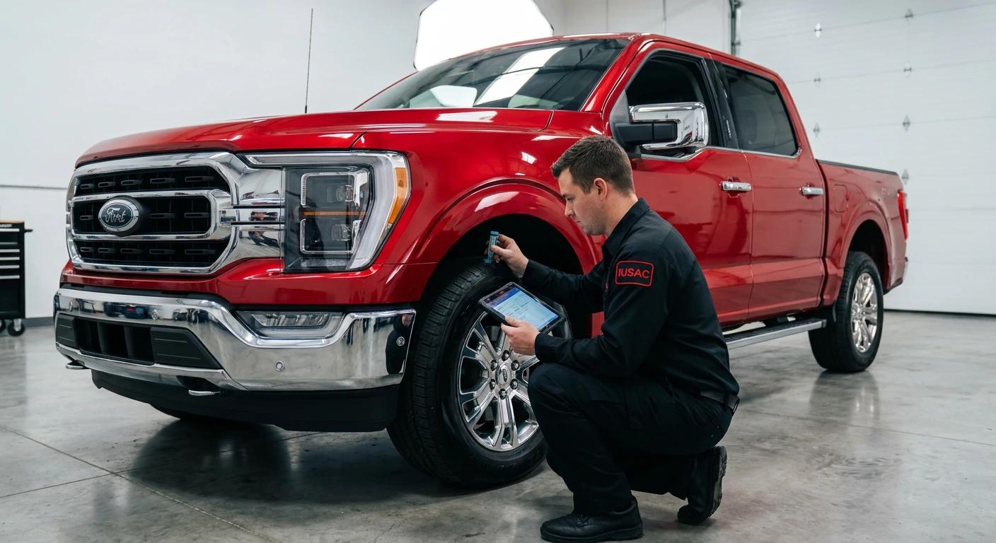 Technik IUSAC przygotowujący wycenę Forda F-150 dla banku w celu uzyskania finansowania aut z USA