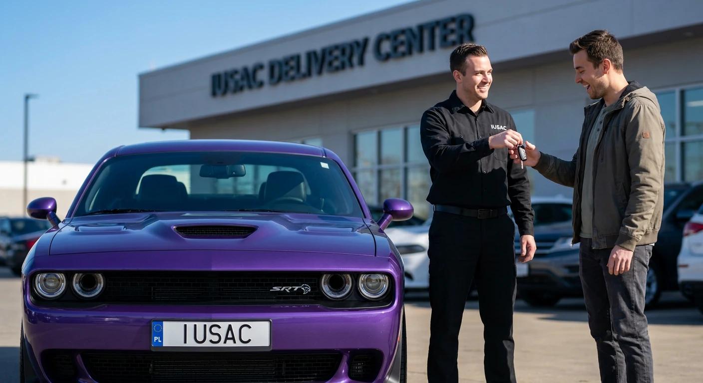 Zadowolony klient odbierający kluczyki do sfinansowanego Dodge Challenger od pracownika IUSAC