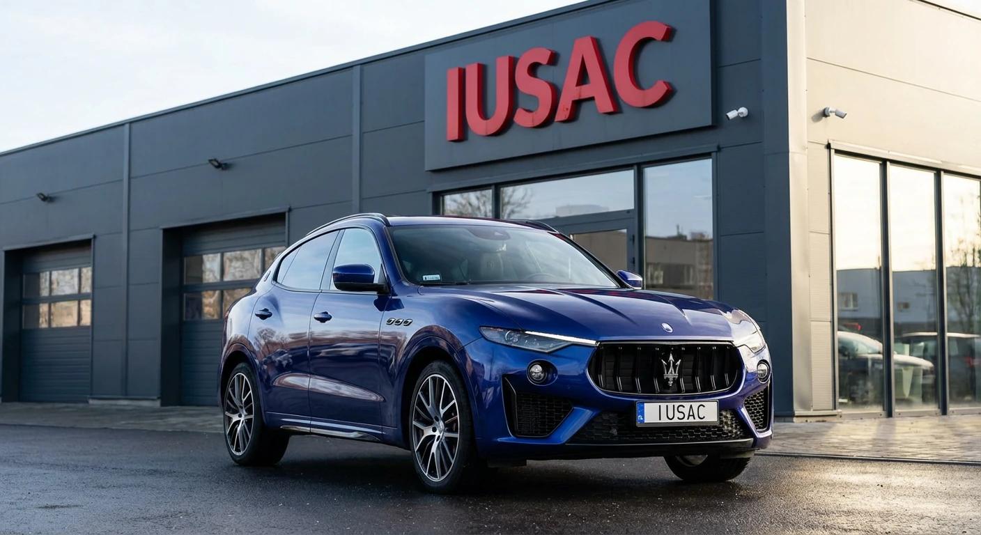 Niebieskie Maserati Levante Trofeo 2025 przed nowoczesnym serwisem aut z USA IUSAC w Polsce