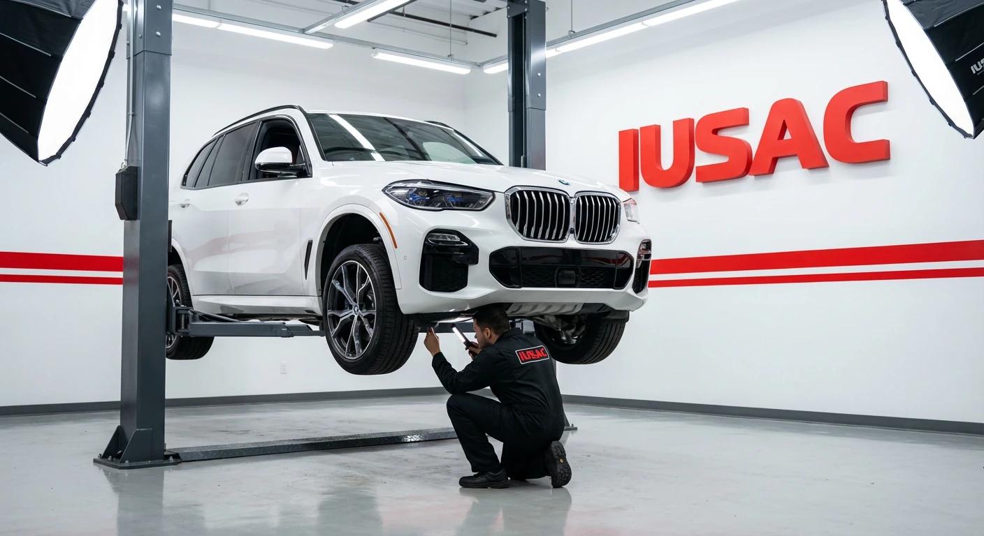 Mechanik IUSAC sprawdzający zawieszenie BMW X5 G05 na podnośniku w profesjonalnym warsztacie