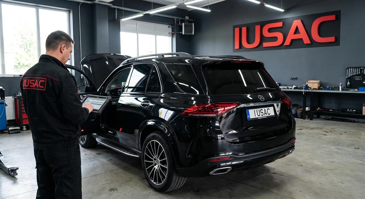 Technik IUSAC wykonujący diagnostykę komputerową Mercedesa GLE sprowadzonego z Ameryki