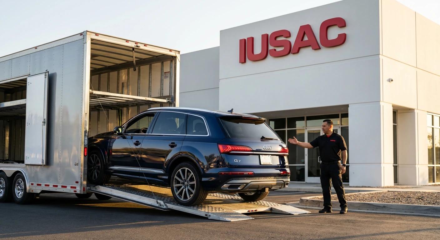 Rozładunek luksusowego Audi Q7 z USA przed główną siedzibą firmy IUSAC