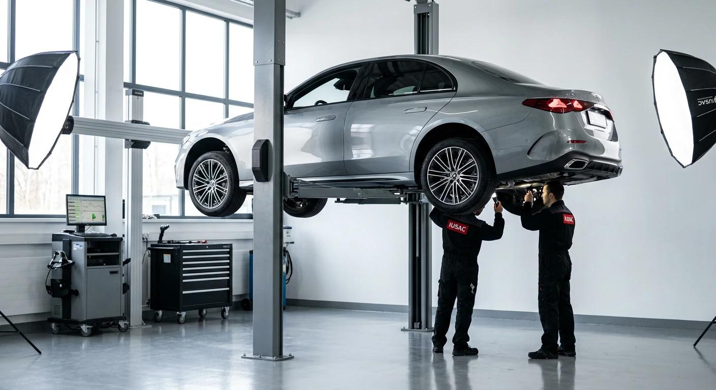Inspekcja techniczna Mercedesa Klasy E W214 z USA na podnośniku w warsztacie IUSAC.