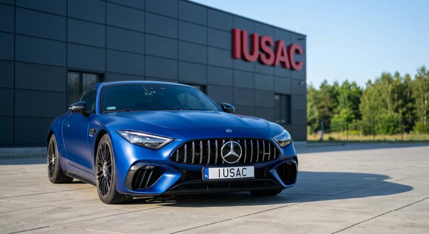 Sportowy Mercedes AMG GT 63 przed siedzibą IUSAC - profesjonalne sprowadzanie aut.