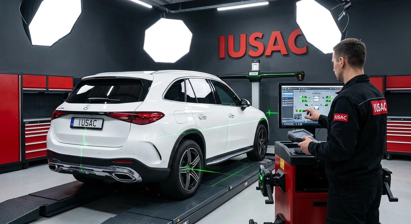 Laserowy pomiar geometrii Mercedesa GLC X254 z USA w serwisie blacharskim IUSAC.