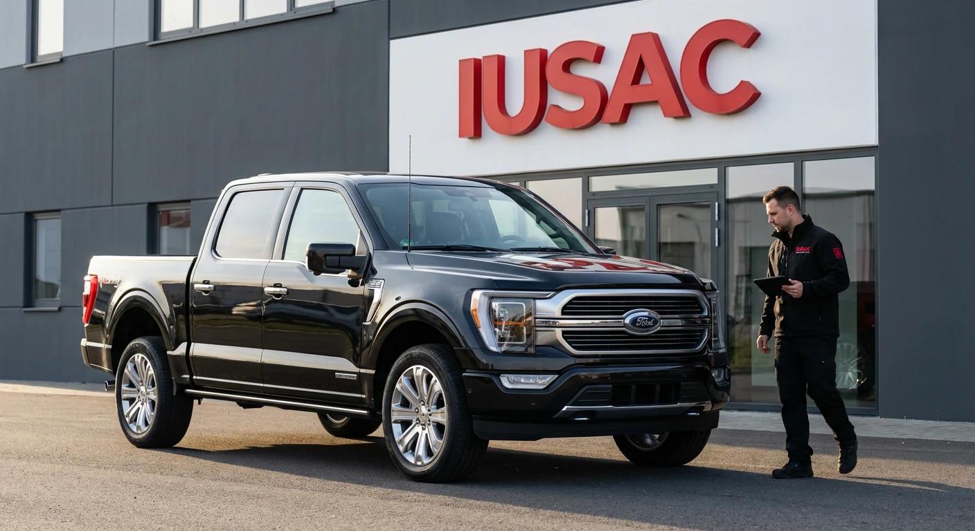 Specjalista IUSAC sprawdzający Forda F-150 z 2025 roku sprowadzonego jako mienie przesiedleńcze z USA przed logistycznym centrum.