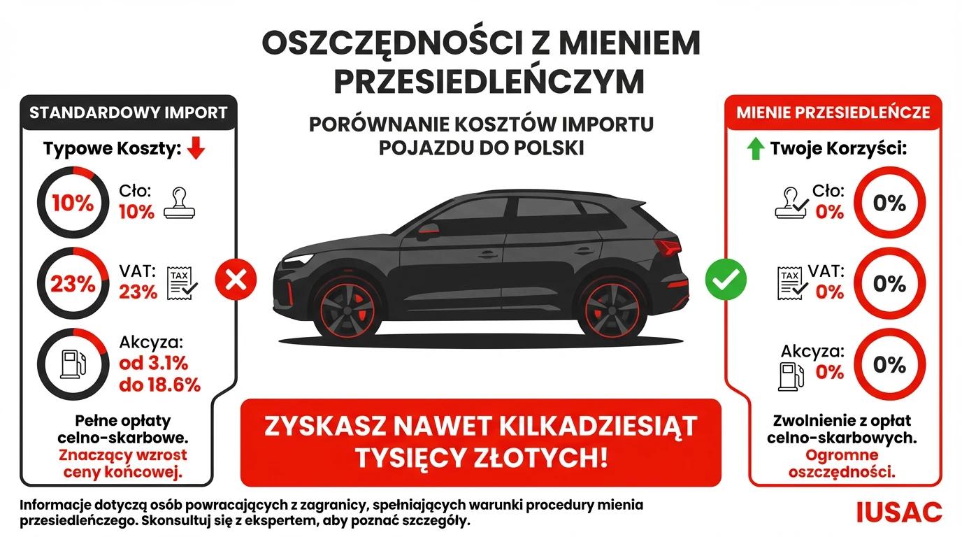 Infografika IUSAC pokazująca oszczędności na cle, VAT i akcyzie przy imporcie samochodów z USA jako mienie przesiedleńcze.