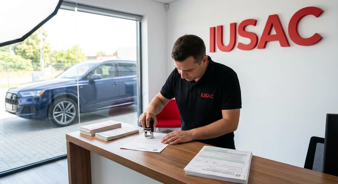 Ekspert celny IUSAC przygotowujący dokumenty mienia przesiedleńczego dla Audi Q7 sprowadzonego z USA w nowoczesnym biurze.