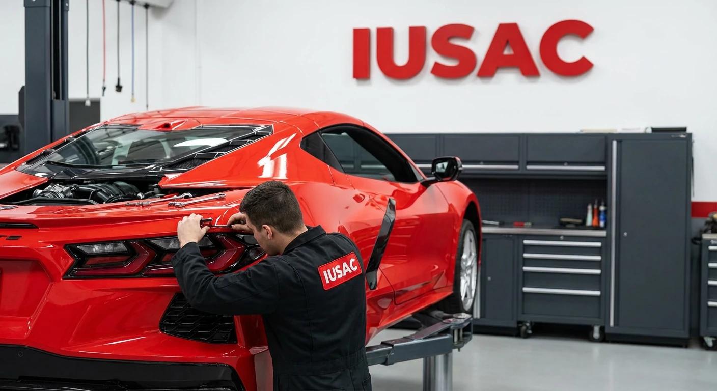 Technik IUSAC wykonujący homologację świateł w Chevrolet Corvette C8 z 2023 roku w profesjonalnym warsztacie samochodowym.