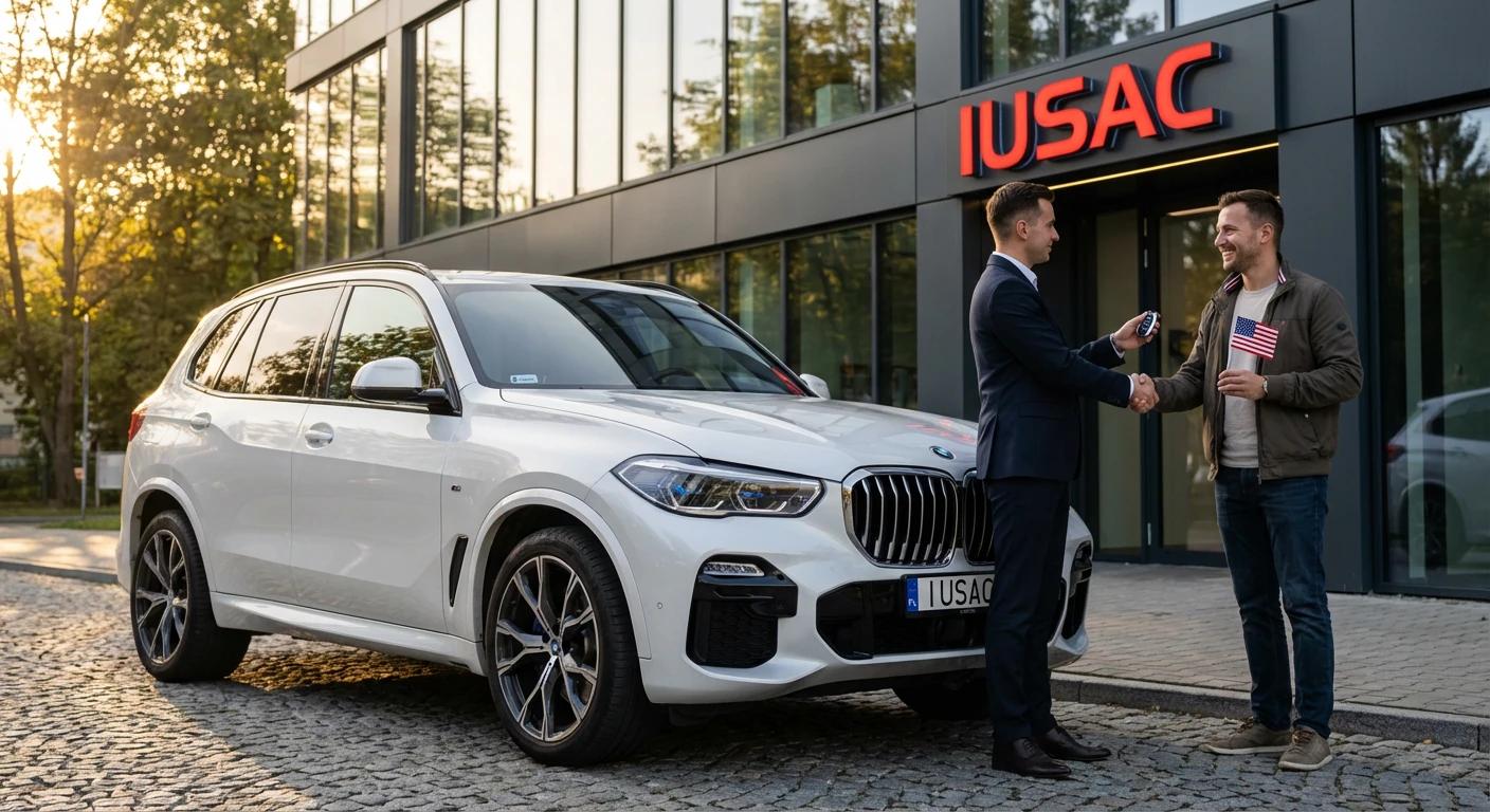 Szczęśliwy klient odbierający kluczyki do BMW X5 z 2024 roku od przedstawiciela IUSAC po zakończeniu procedury importu z USA.