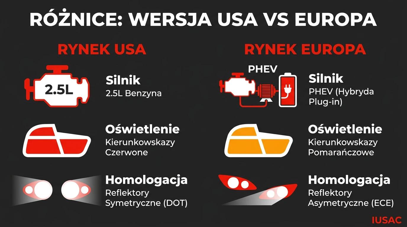 Infografika IUSAC: Mitsubishi Outlander z USA koszty różnice względem wersji europejskiej.