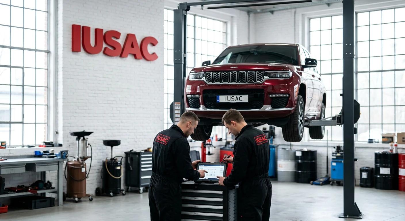 Technicy IUSAC w trakcie naprawy SUV-a z USA, dbający o najwyższe standardy bezpieczeństwa.