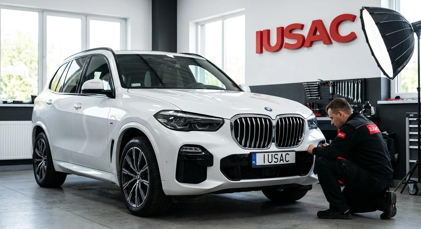 Technik IUSAC diagnozujący uszkodzenia BMW X5 z USA w nowoczesnym warsztacie blacharskim.