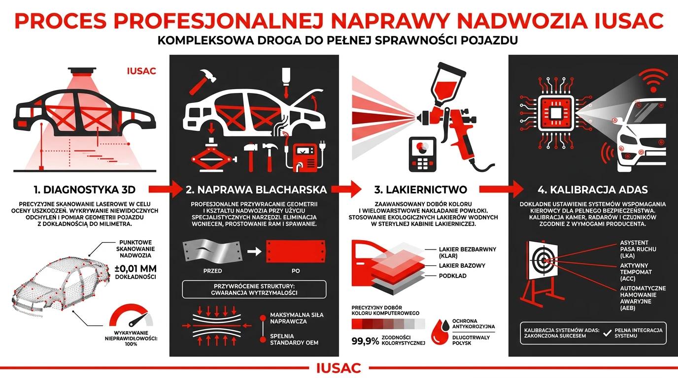Infografika przedstawiająca proces naprawy blacharsko-lakierniczej aut z USA w serwisie IUSAC.