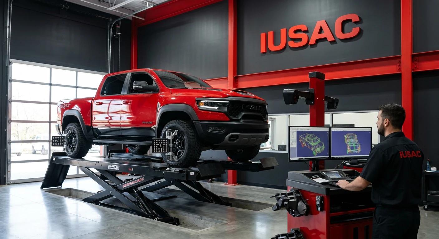 Naprawa ramy i geometrii w Dodge RAM 1500 na ramie pomiarowej 3D w serwisie powypadkowym IUSAC.
