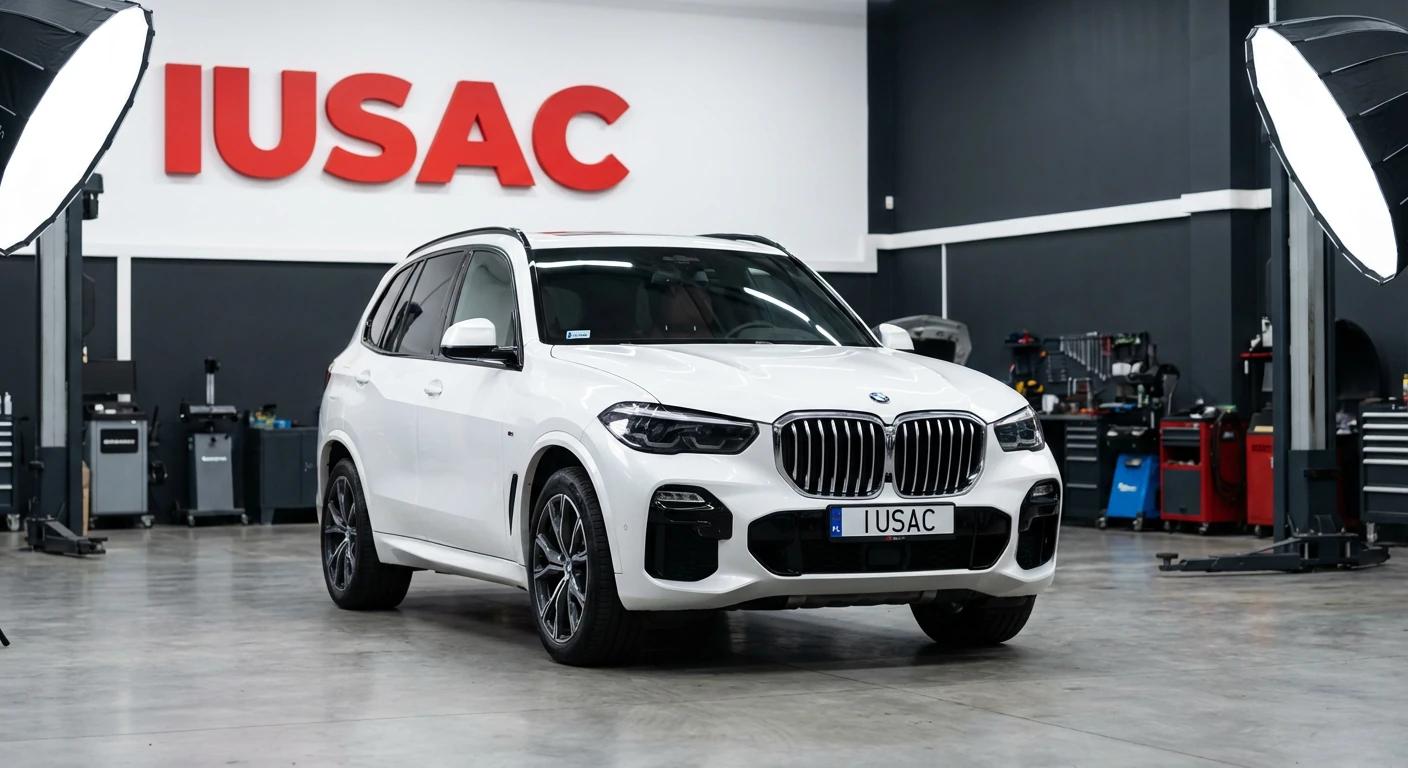 Luksusowe BMW X5 z 2024 roku w nowoczesnym warsztacie IUSAC, gotowe do wydania jako auto pod klucz z USA.