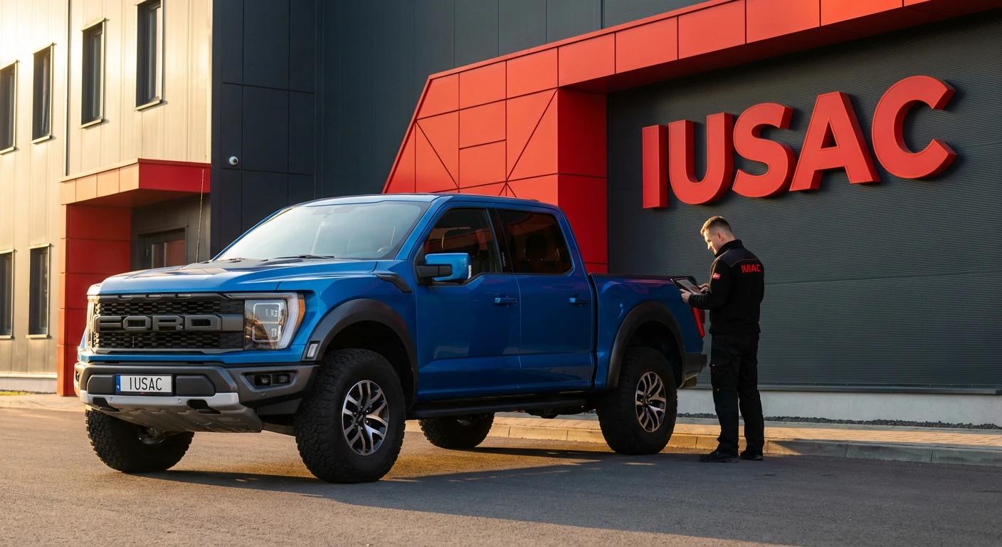 Ford F-150 Raptor z 2023 roku przed centrum logistycznym IUSAC po imporcie, oczekujący na proces naprawy.