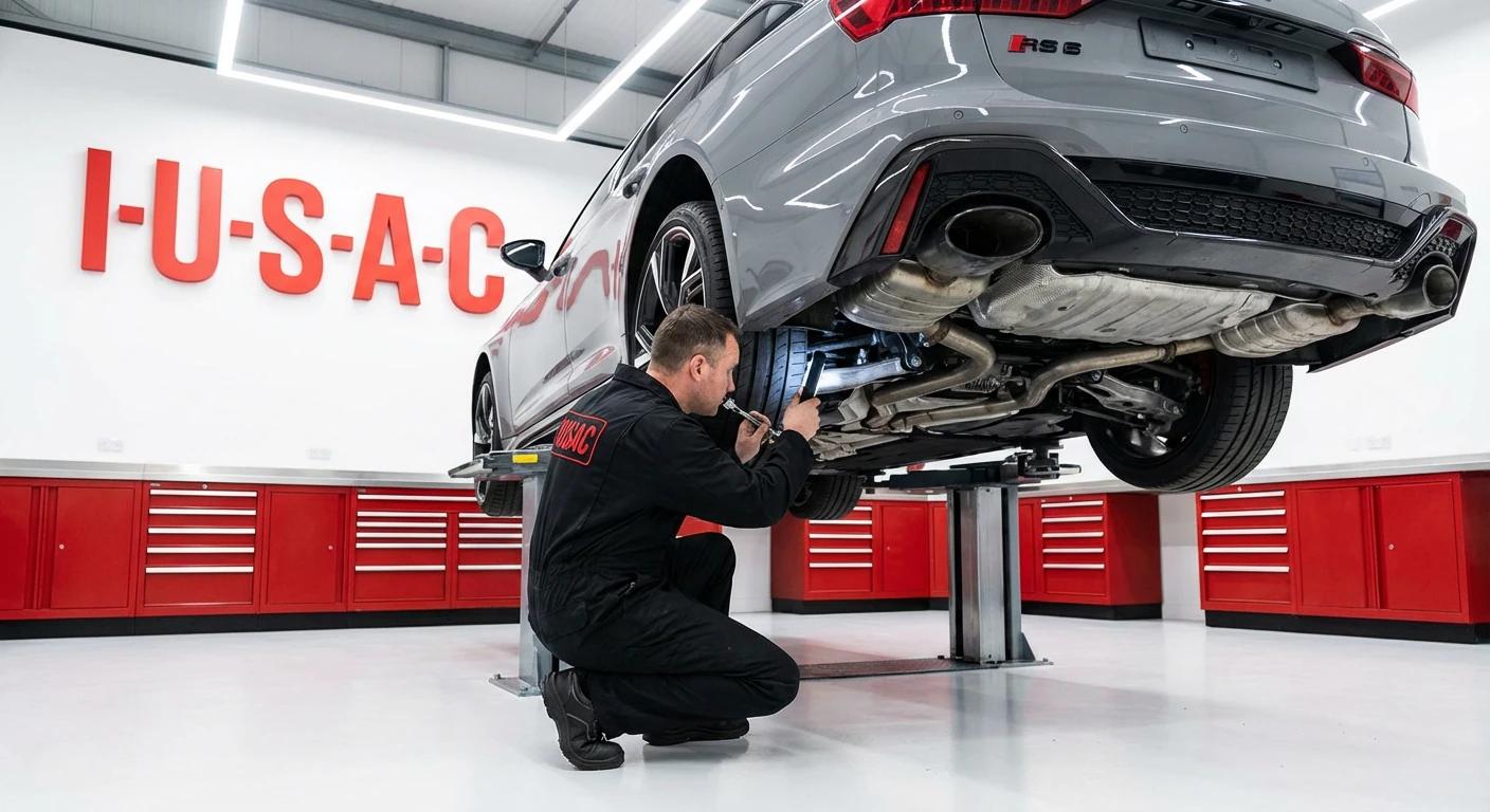 Technik IUSAC diagnozujący Audi RS6 Avant z 2024 roku, przeprowadzający profesjonalną naprawę powypadkową aut z USA.
