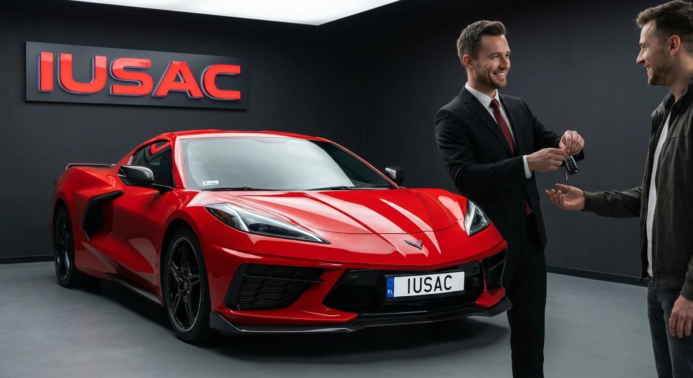 Szczęśliwy klient odbierający kluczyki do Chevroleta Corvette C8 z 2023 roku w salonie IUSAC po imporcie i naprawie.