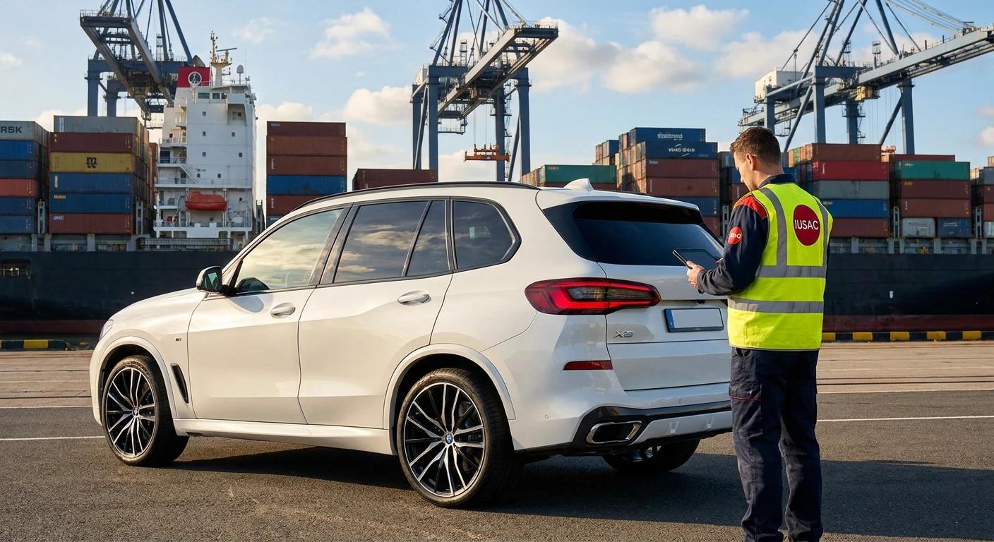 Pracownik IUSAC aktualizujący status transportu BMW X5 w Panelu Klienta w porcie