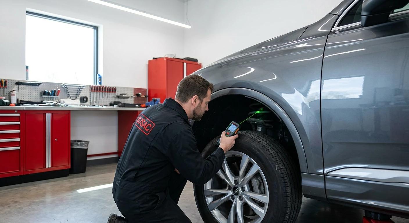 Technik IUSAC naprawiający zawieszenie Audi Q7, proces widoczny w Panelu Klienta
