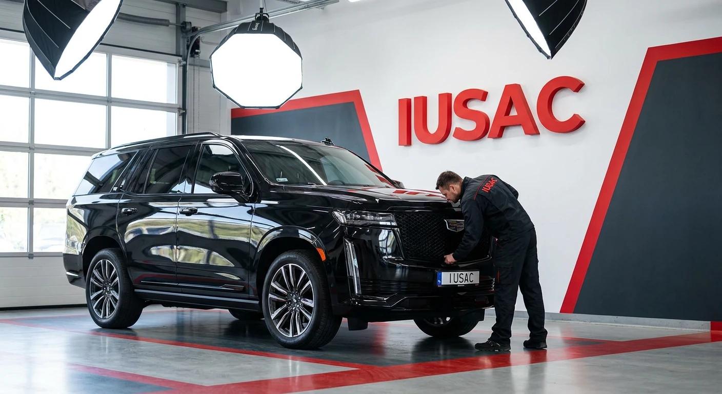 Luksusowy SUV w nowoczesnym warsztacie IUSAC przygotowywany do naprawy blacharskiej i importu z USA.