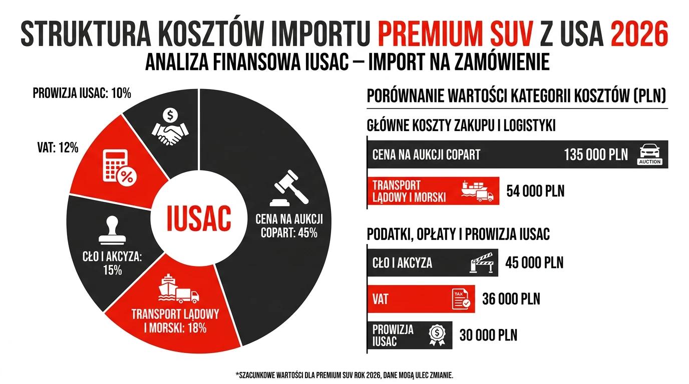Infografika przedstawiająca szczegółowe koszty importu luksusowego SUV-a z USA w 2026 roku.