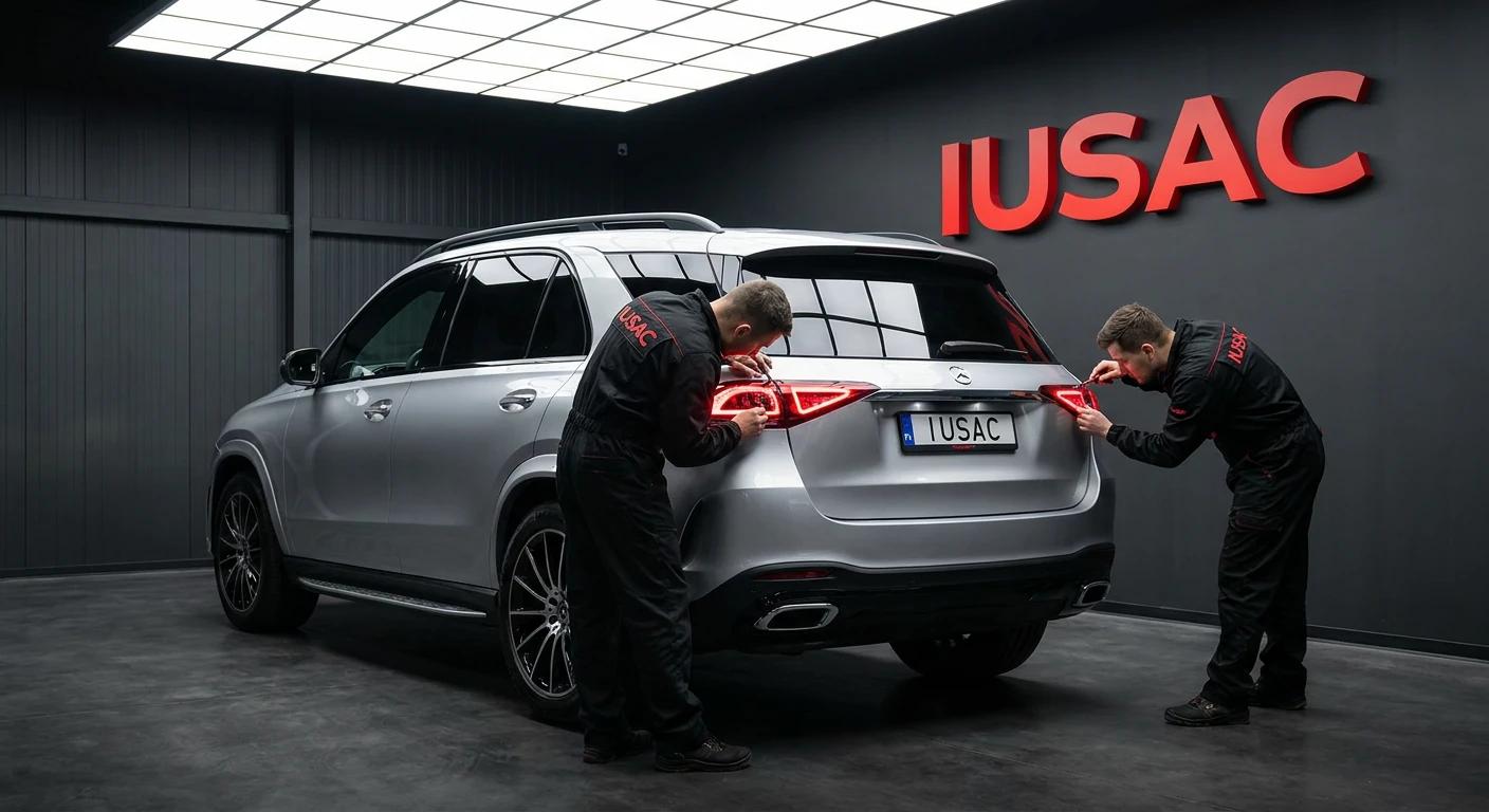 Technicy IUSAC przeprowadzający modyfikację oświetlenia i homologację luksusowego SUV-a z USA.