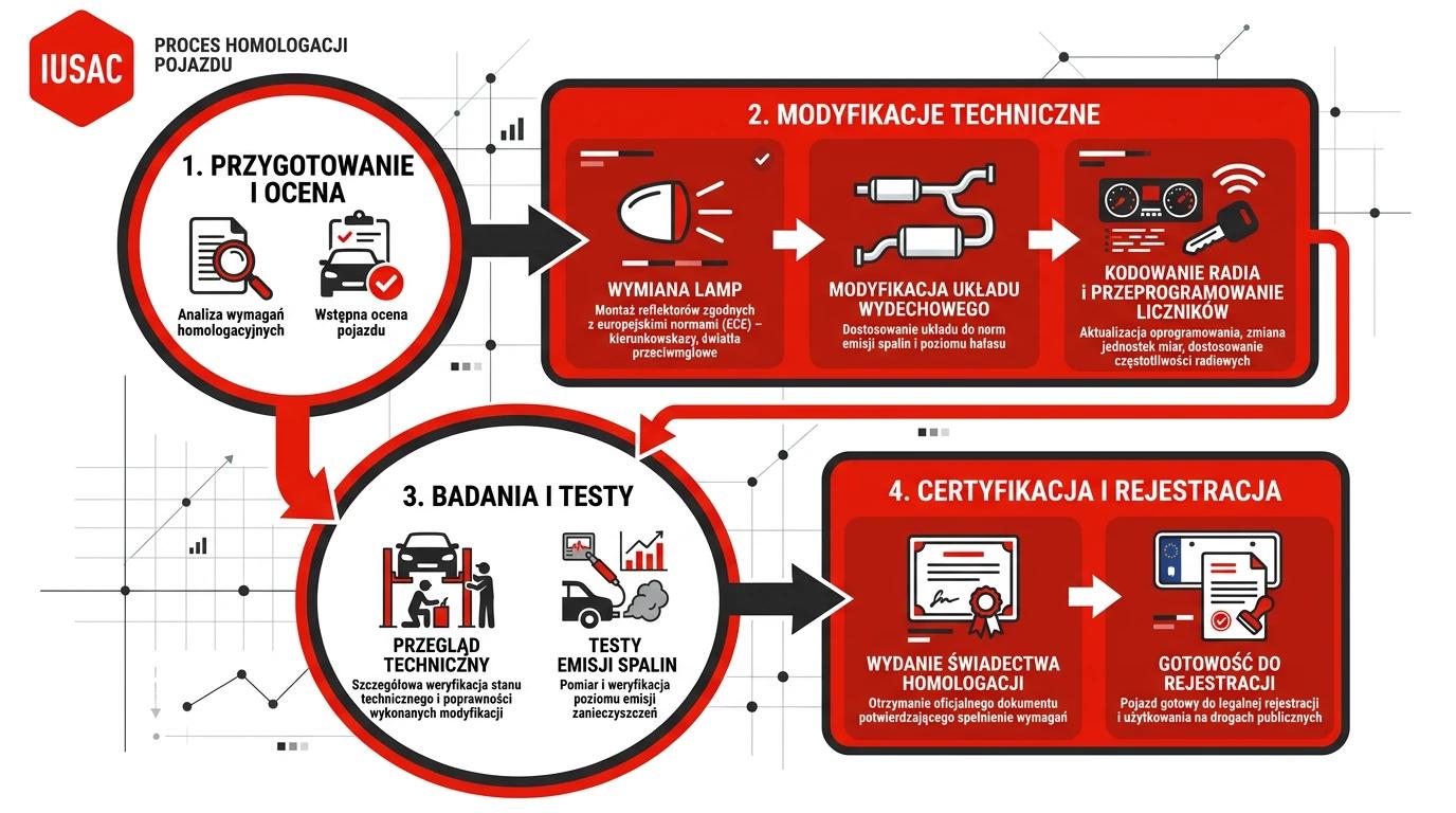 Schemat procesu homologacji i dostosowania amerykańskiego auta do europejskich przepisów drogowych.
