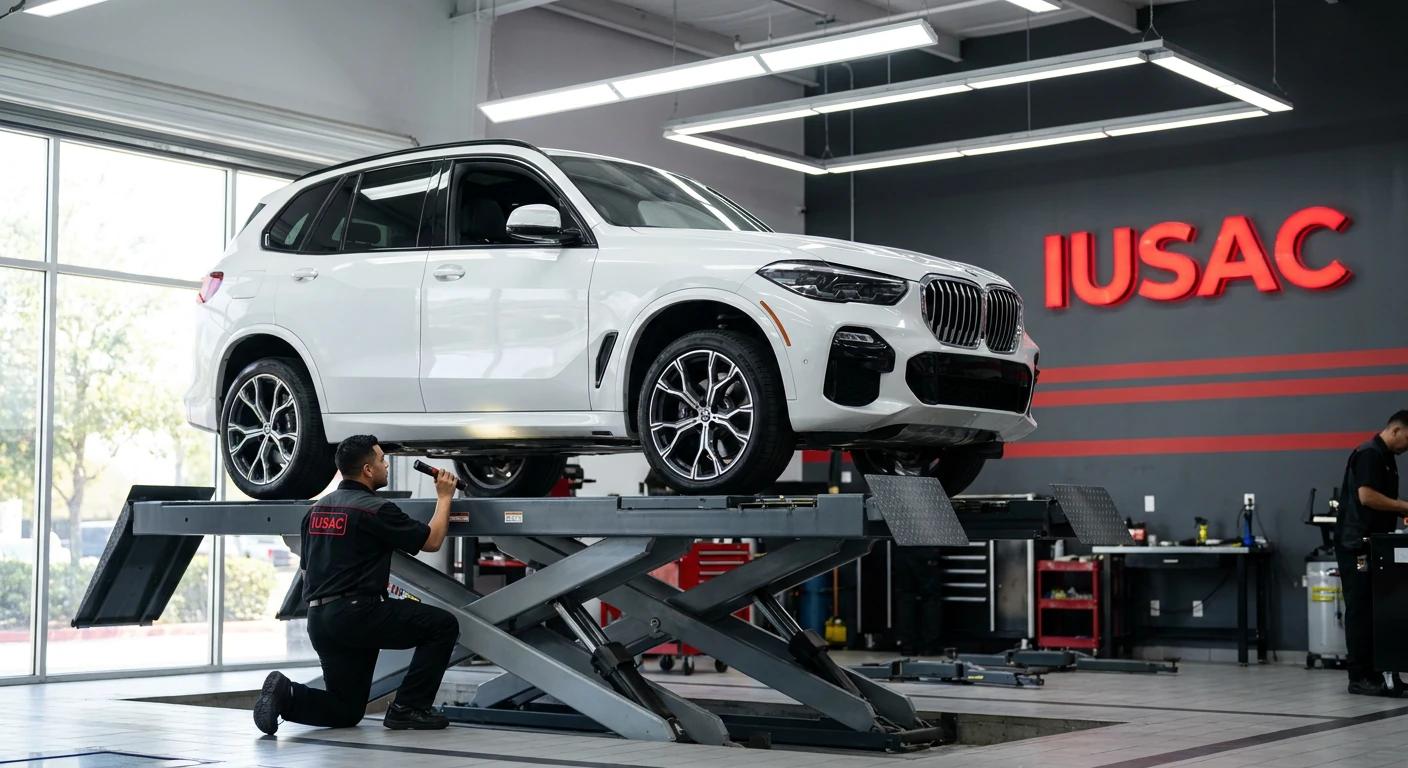 Technik IUSAC weryfikujący stan podwozia BMW X5 G05 z USA w profesjonalnym warsztacie
