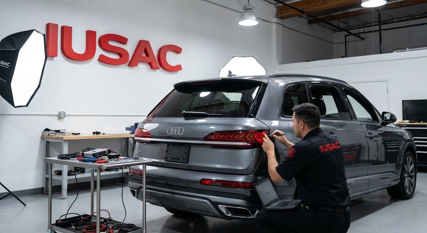 Specjalista IUSAC wykonujący konwersję lamp tylnych w Audi Q7 z USA na rynek europejski