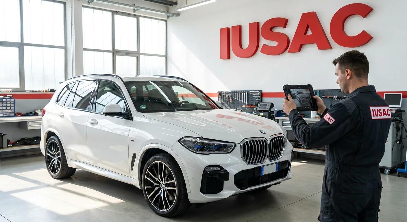 Technik IUSAC wykonujący dokumentację zdjęciową BMW X5 G05 przed naprawą pod klucz.