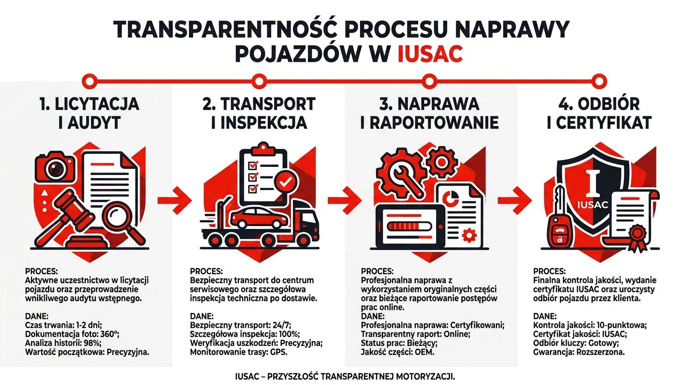 Infografika procesu transparentnej naprawy aut z USA pod klucz w IUSAC.