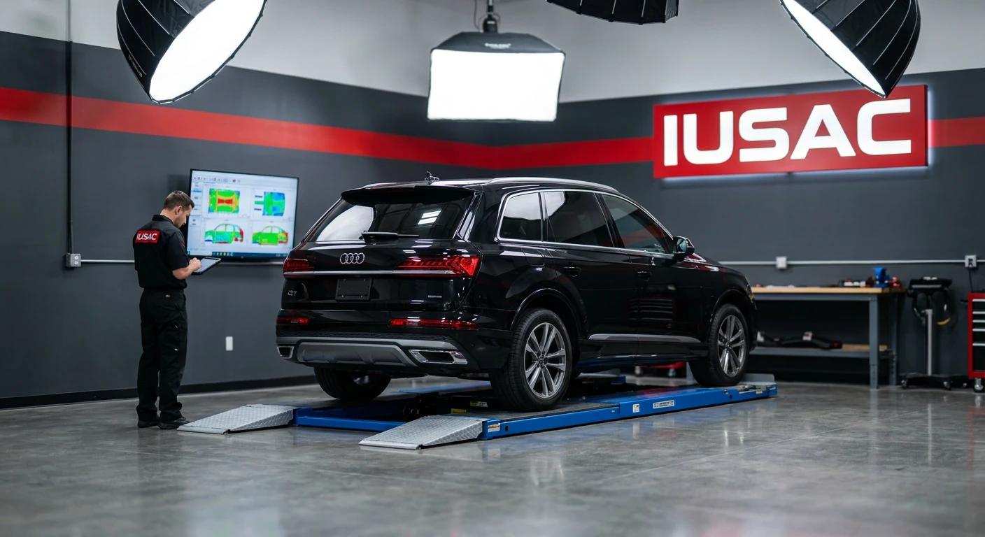 Weryfikacja punktów bazowych Audi Q7 na ramie pomiarowej w serwisie IUSAC.