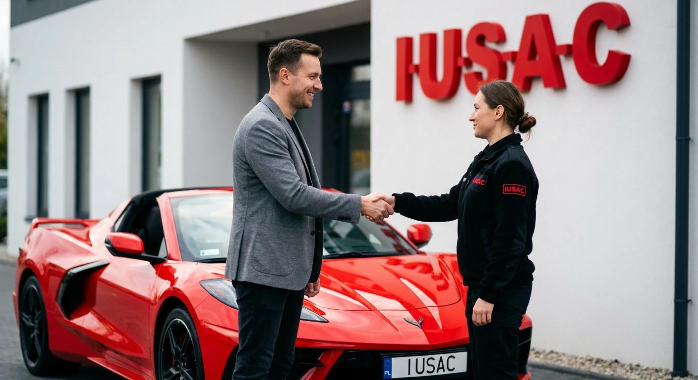 Zadowolony klient odbierający Chevroleta Corvette C8 po naprawie pod klucz w IUSAC.