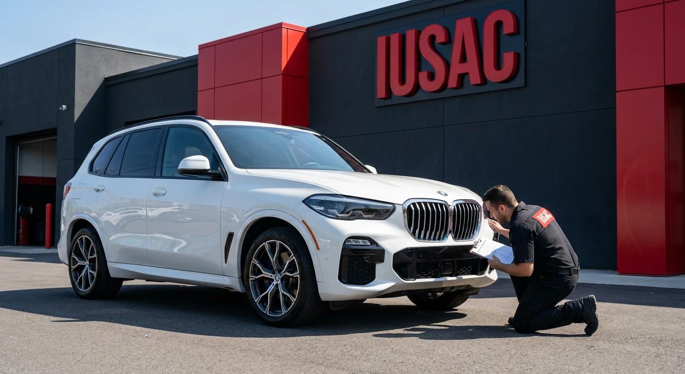 Białe BMW X5 G05 przed nowoczesnym warsztatem IUSAC podczas weryfikacji dokumentów Salvage Title