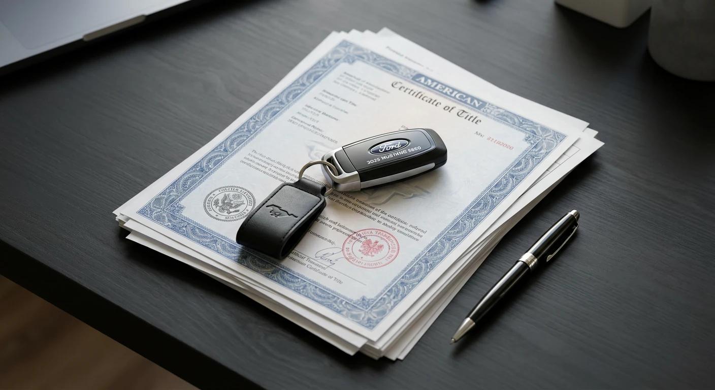 Dokumenty do rejestracji auta z USA w 2026 roku leżące na biurku z kluczykami do Forda Mustanga
