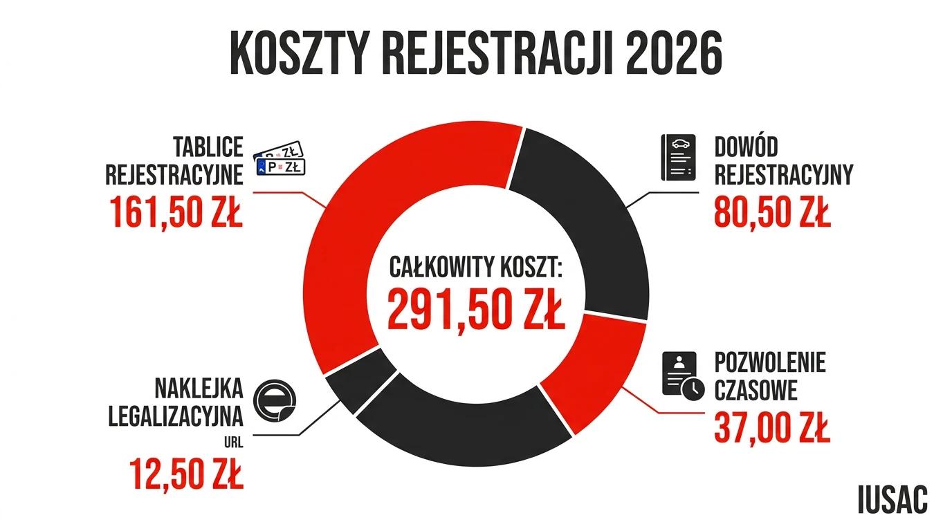 Wykres kosztów i opłat za rejestrację samochodu z USA w 2026 roku w polskim urzędzie